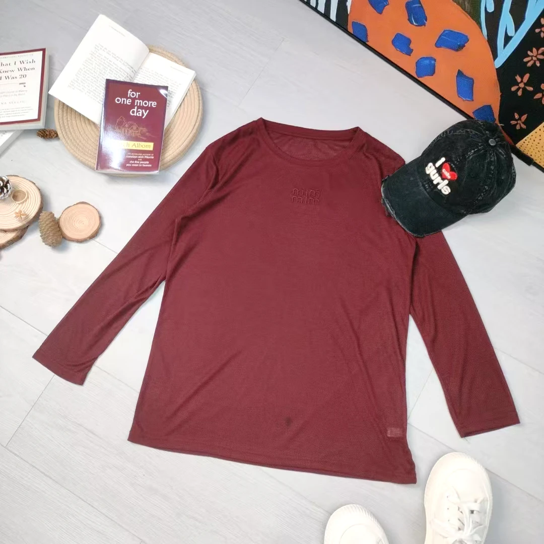 2024秋季新款休闲时尚百搭字母刺绣纯色打底长袖T恤7641