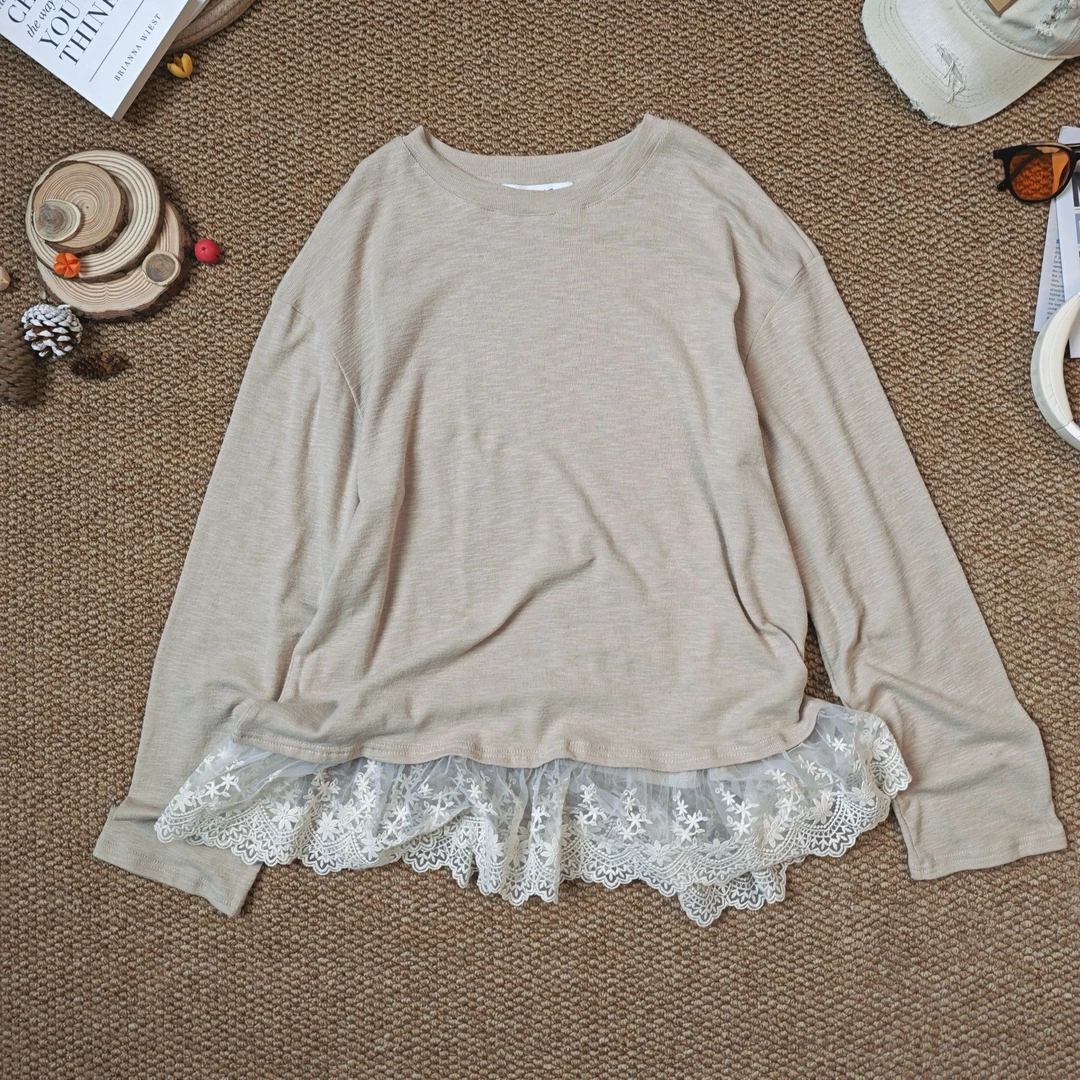 2024秋季新款休闲时尚百搭纯色拼蕾丝打底长袖T恤7182