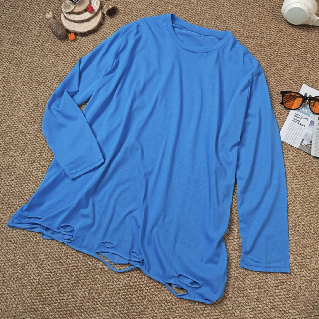 2024秋季新款休闲时尚百搭纯色破洞打底长袖T恤5694