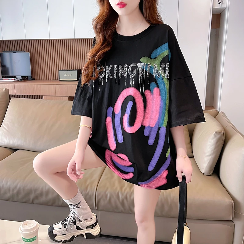 【只做100棉】夏季穿搭韩版中长款重工烫钻短袖T恤宽松大码702