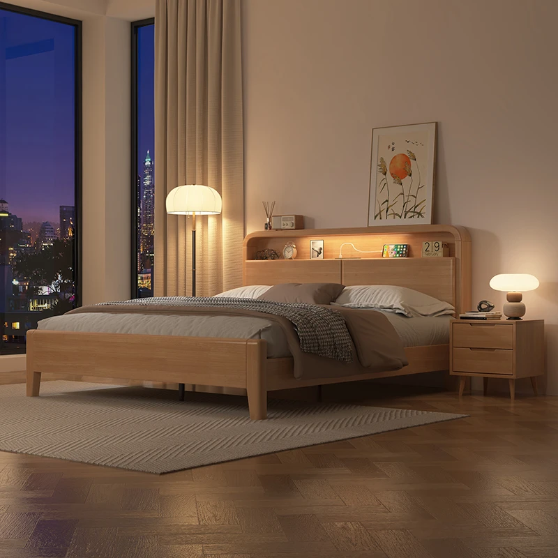 高度可调节实木床现代简约大双人主卧家用民宿经济型126原木色
