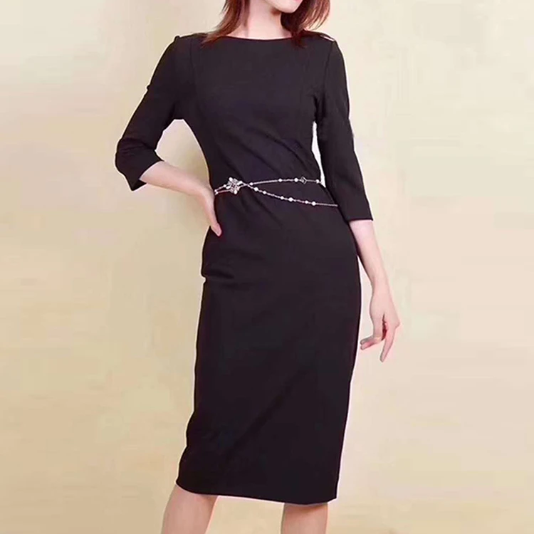 商场同款女装2024夏季圆领收腰修身七分袖女装连衣裙1500284