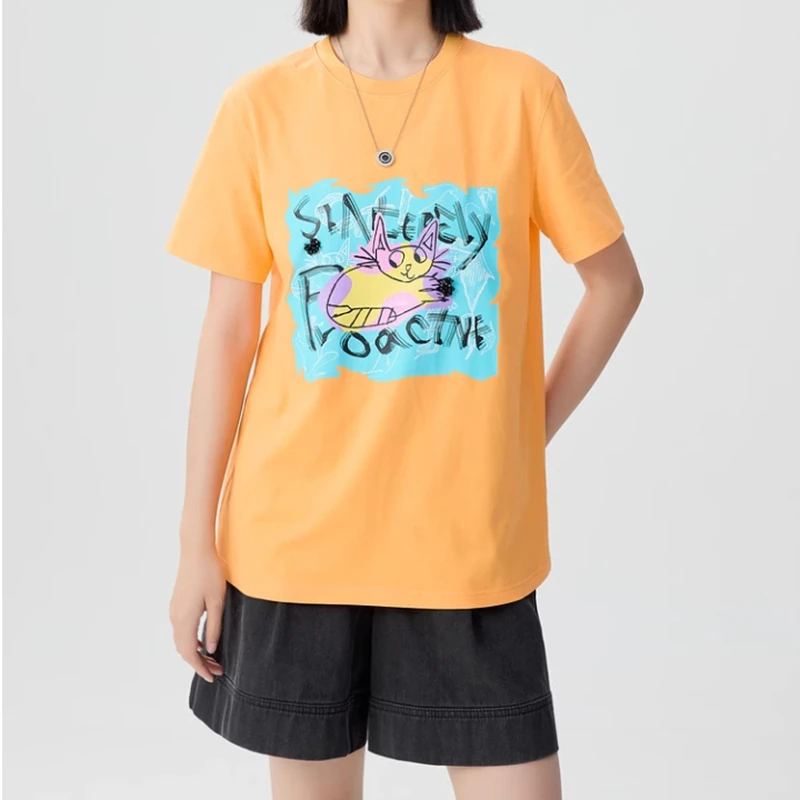 商场同款2025夏季新款休闲百搭宽松圆领卡通猫咪短袖T袖女1300356
