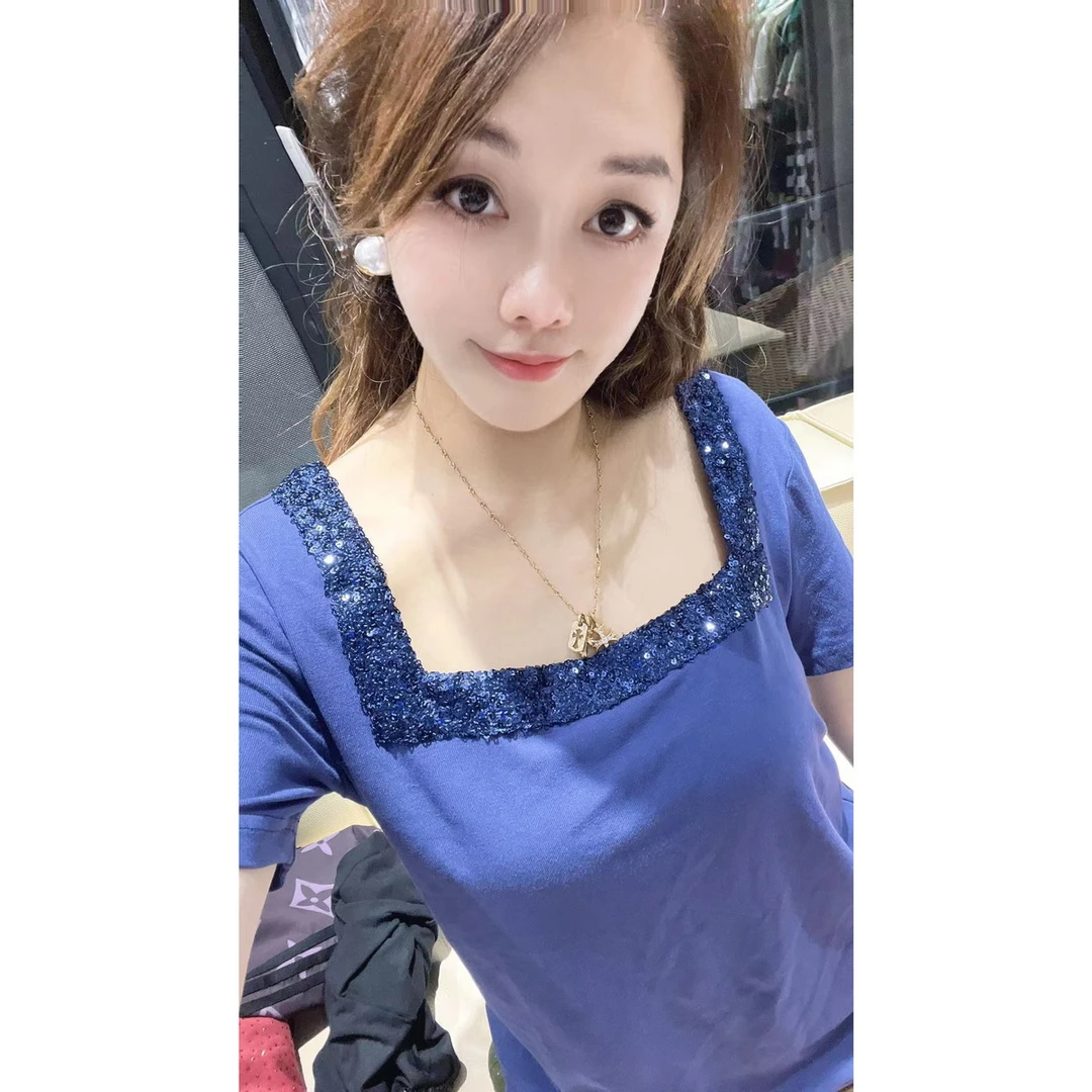 【15246】方领闪片新款夏季女装半袖打底百搭白可爱短袖女ins