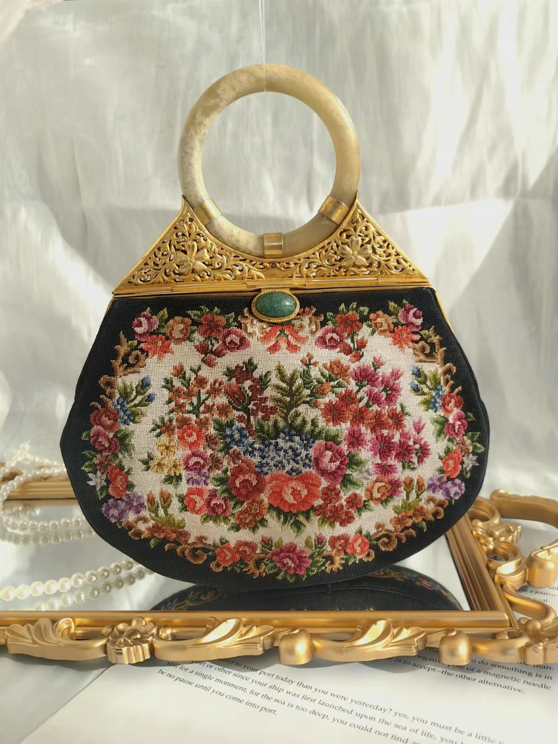 中古vintage纳纱绣 绣花手提老绣古着包 古董口金鎏金手提包
