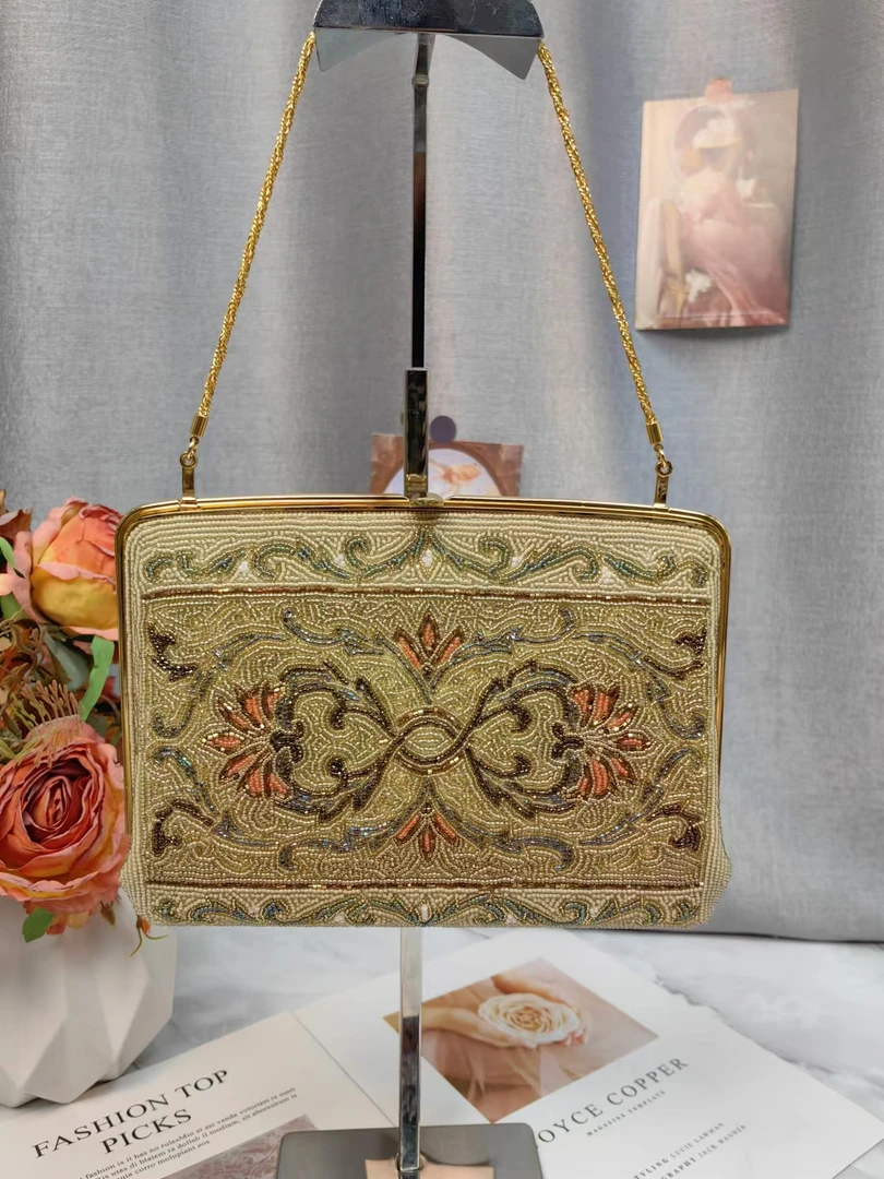 纯手工钉珠包中古包vintage珠绣包旗袍包口金斜挎链条包立体绣花