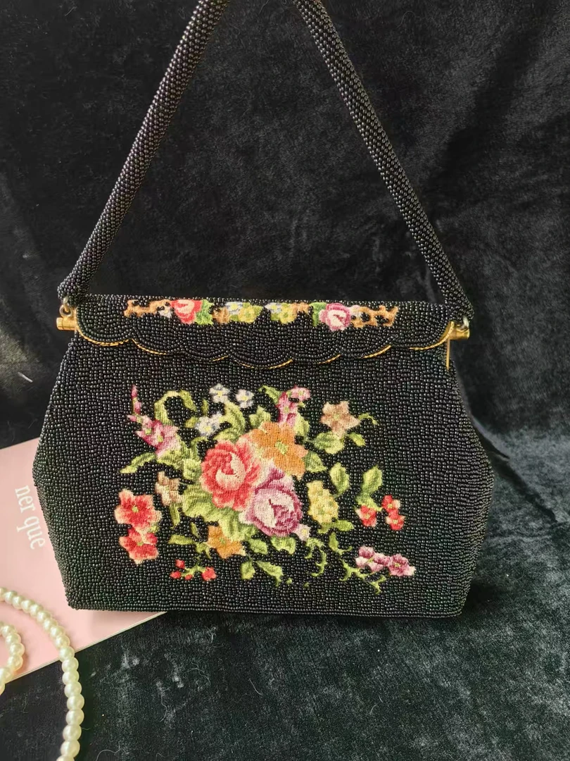 纯手工钉珠包中古包vintage珠绣包旗袍包口金斜挎链条包立体绣花