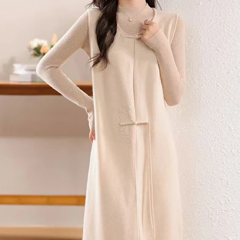 中国风长款羊毛马甲气质显瘦针织中长款无袖连衣裙