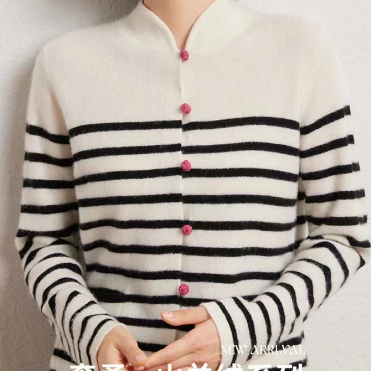 女士中式立领条纹开衫