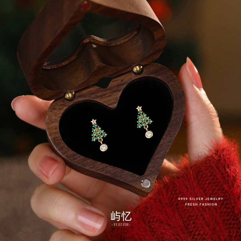 足银耳饰 S999纯银圣诞树耳钉女微镶钻绿色轻奢小众圣诞新年礼物