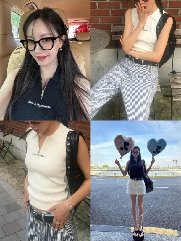 JCY新品韩国rest半拉链RR刺绣Polo领针织无袖背心原