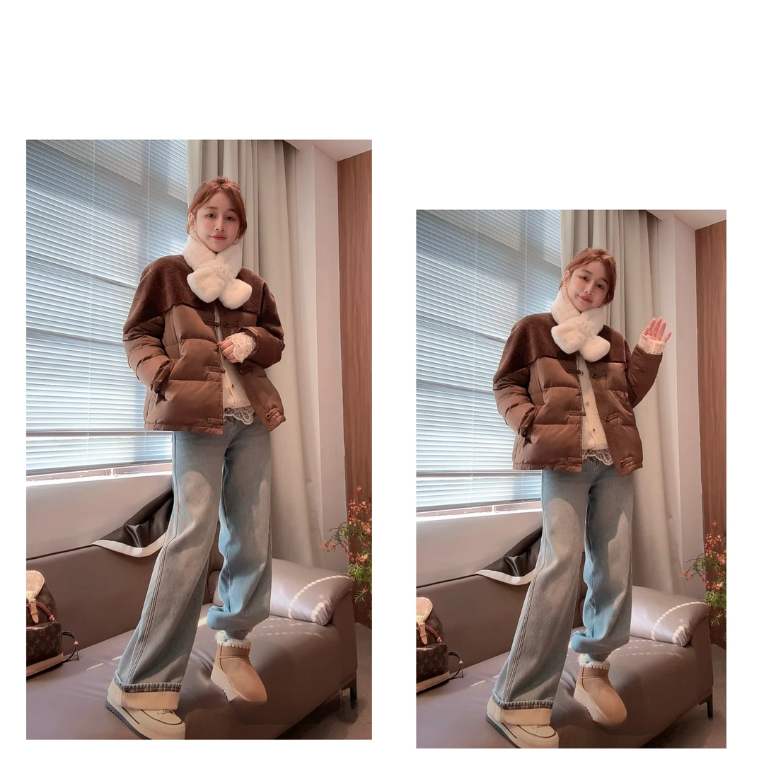 新款白鸭绒宽松拼接羽绒服