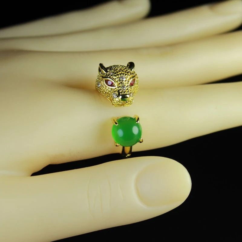 新款绿玛瑙玉髓镶嵌豹头戒指精美时尚女款开口可调节精致戒指指环