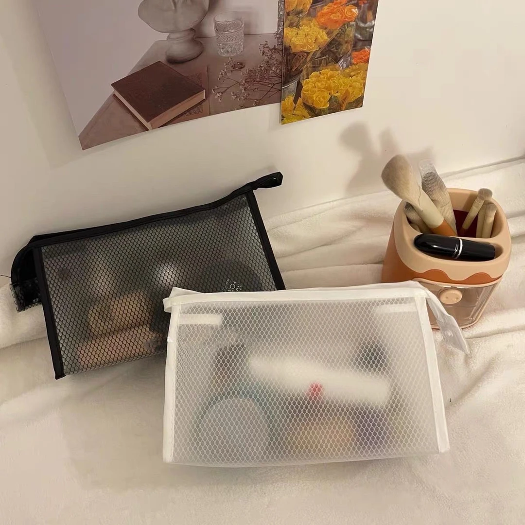 J黑白简约透明手提网纱化妆包旅行随身便携收纳袋多功能防水洗漱