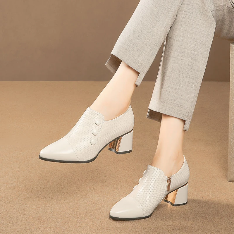 深口单鞋女头层牛皮春秋新款粗跟不累高跟尖头时尚女鞋大码百搭鞋