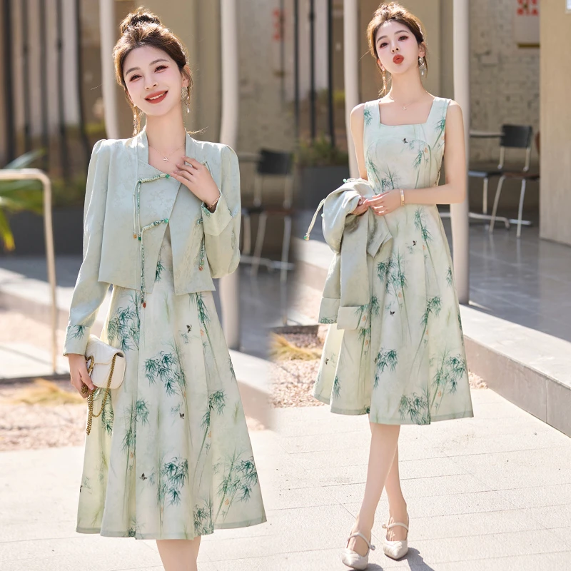 秋装新款新中式国风复古气质小香风外套印花连衣裙两件套时尚套装