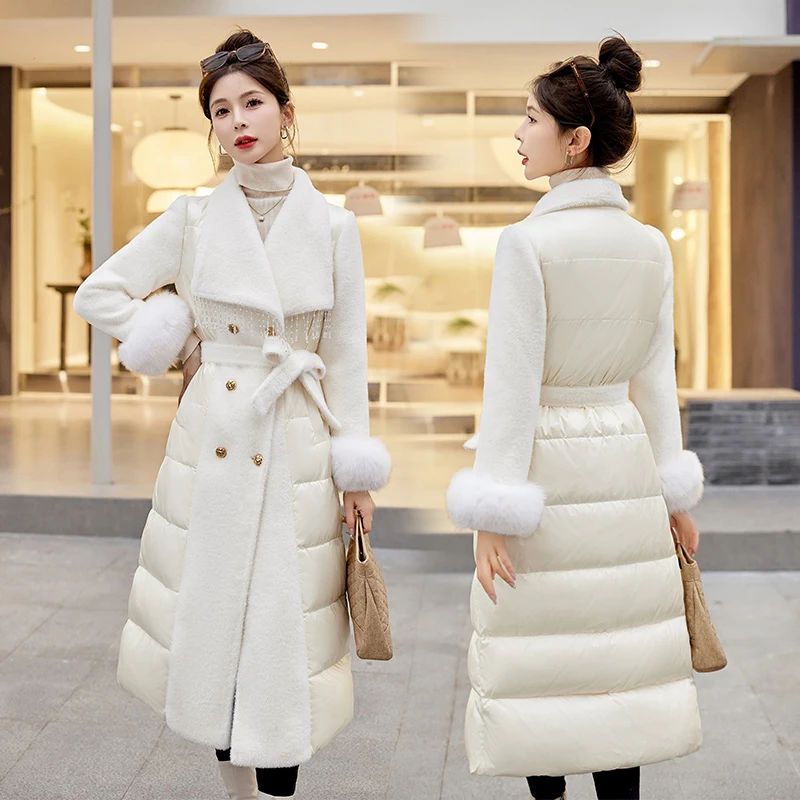 冬季小香风洋气减龄名媛气质重工拼接中长款白鸭绒羽绒服女