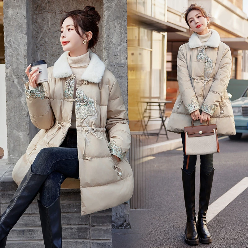 冬天新款新中式国风复古刺绣收腰显瘦小个子短款白鸭绒羽绒服女