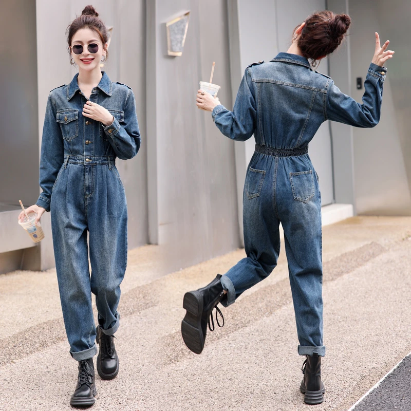 韩版时尚气质休闲洋气减龄复古宽松牛仔工装连体裤2024秋季爆款