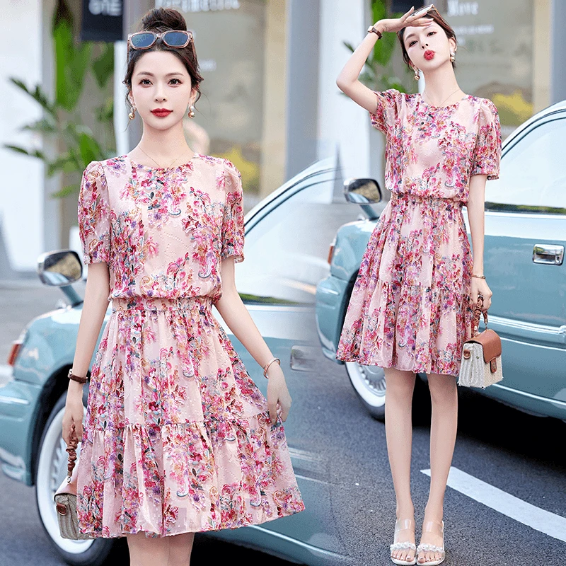 2024夏装爆款小个子洋气减龄显瘦遮肚碎花中长款连衣裙裙子