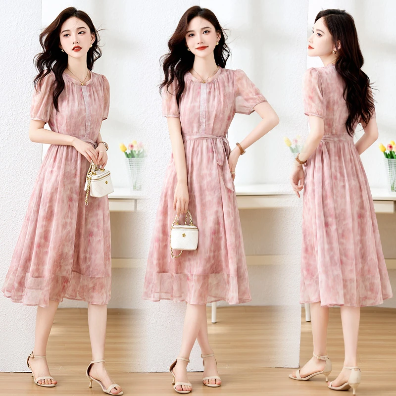 法式气质收腰显瘦洋气减龄优雅淑女范印花中长款连衣裙夏季爆款