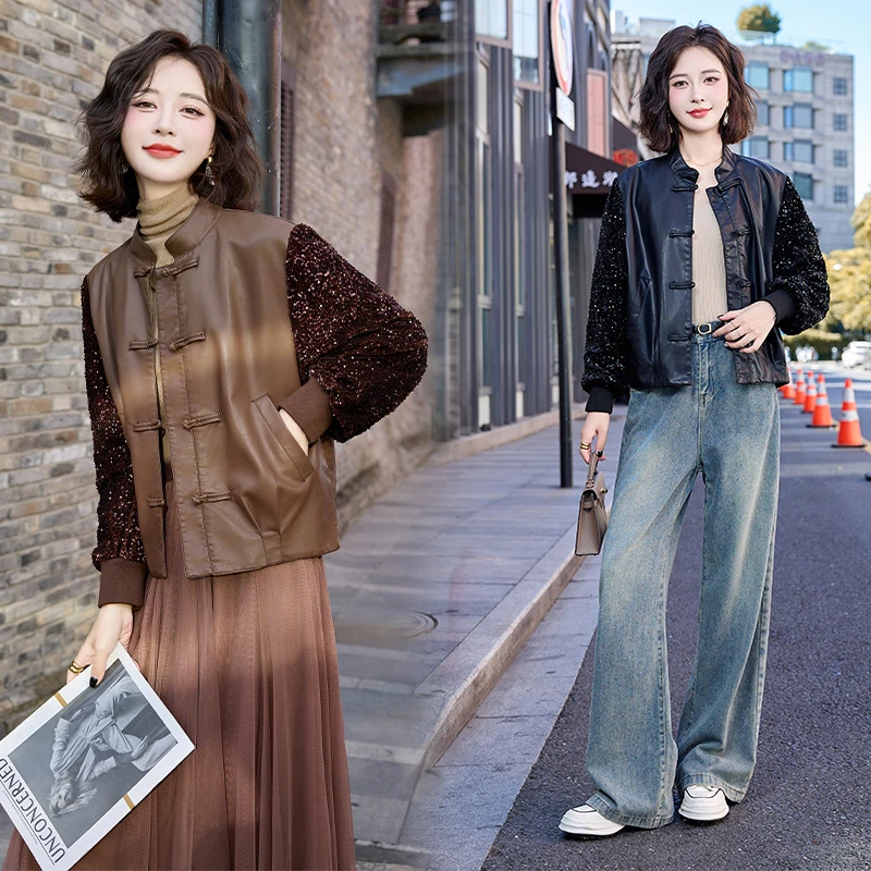 新中式国风复古盘扣网红潮流时尚撞色拼接皮衣短外套秋季新款