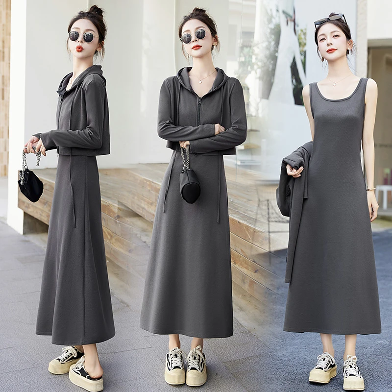 秋季新款韩版气质连帽卫衣外套吊带裙两件套网红流行洋气时髦套装