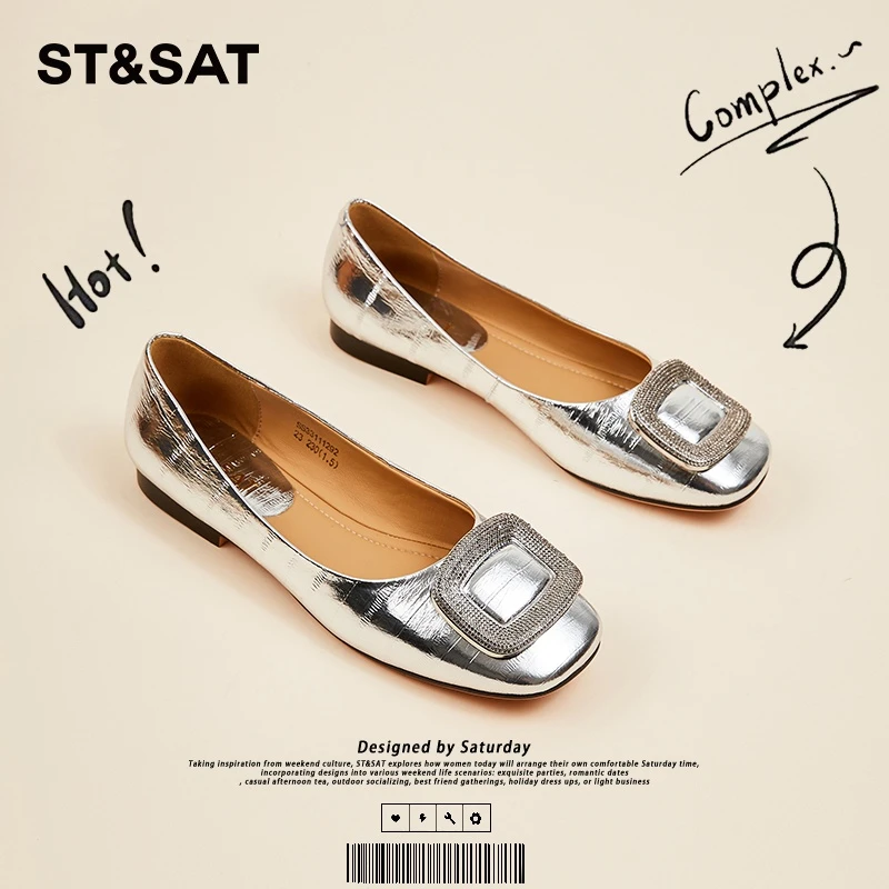 星期六法式银色水钻方扣豆豆鞋女2025年春夏温柔舒适软底浅口单鞋