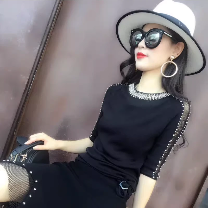 春秋新款毛衣钉珠镶钻针织衫T恤女时尚百搭洋气修身打底衫上衣女