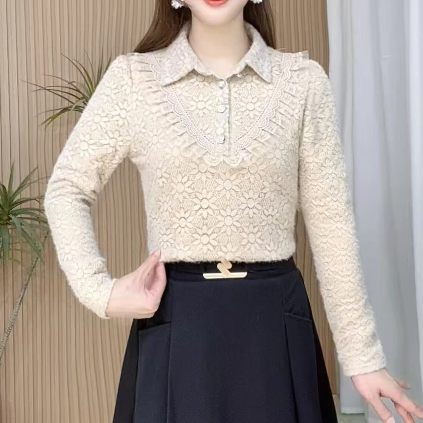 加绒加厚蕾丝衬衣女单穿上衣秋冬新款POLO领遮肉显瘦保暖打底衫