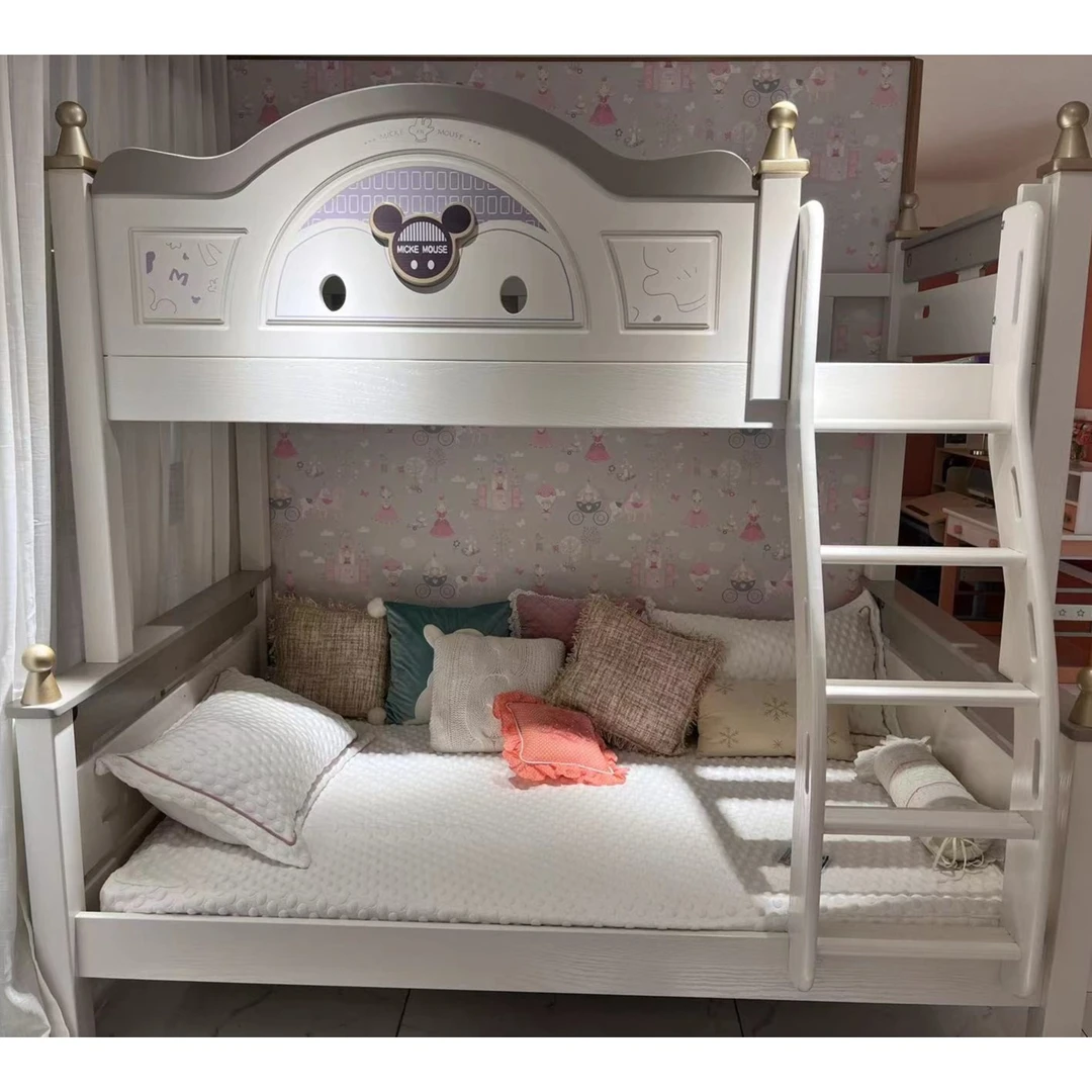 实木轻奢双层床男女宝通用上下铺字母高低床米奇图双人简约图案