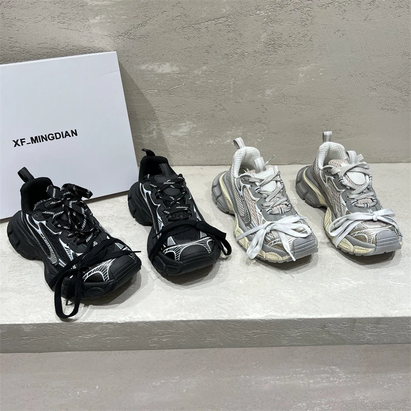 欧洲站女鞋2024秋新款欧货真皮网面松糕厚底老爹鞋休闲百搭运动鞋