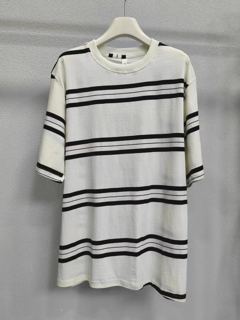 美式复古条纹短袖T恤男女夏季新款圆领潮牌宽松半袖黑白百搭T113