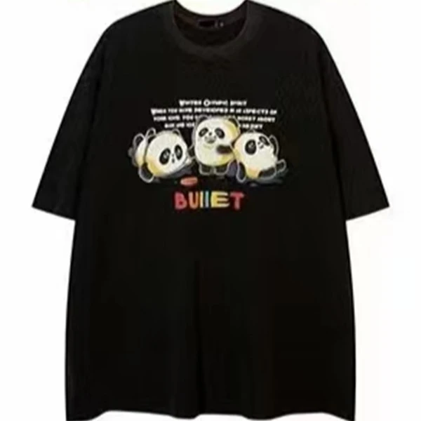 重磅美式卡通水洗做旧熊猫印花国潮黑色T恤ins情侣休闲百搭宽松