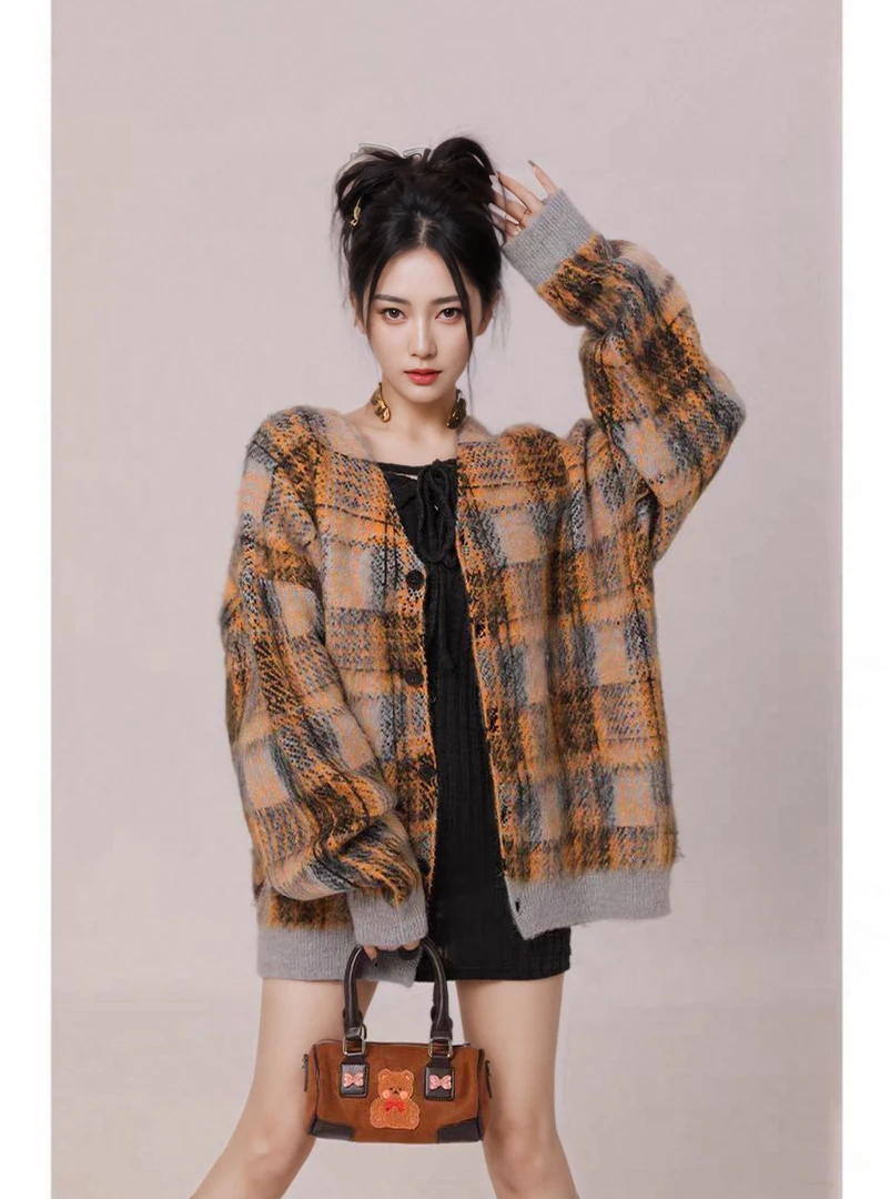 秋冬拼色格纹慵懒风针织衫/毛衣开衫百搭个性男女情侣款外套9759