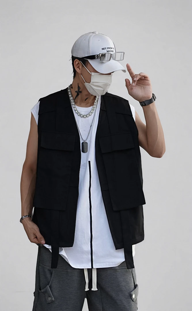 休闲版型工装机能风口袋背心黑色户外马甲日系宽松毛衣男款冬季