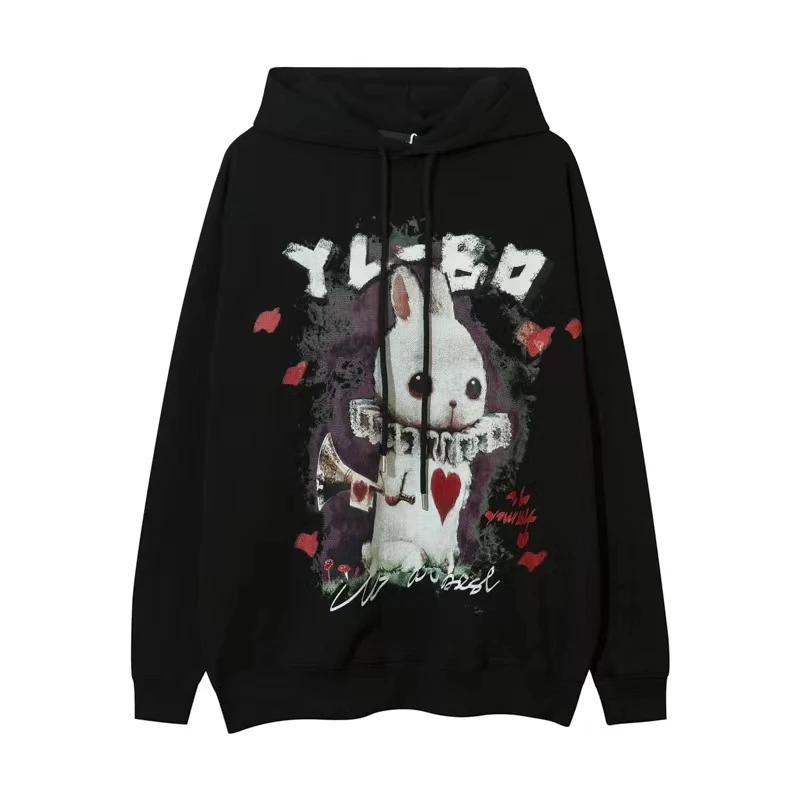 独偶美式高街卡通兔子印花暗黑系戴帽卫衣宽松百搭时尚6620