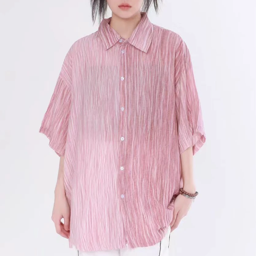 韩风扎染褶皱条纹短袖肌理感垂感衬衫毛边设计宽松薄荷曼波3865