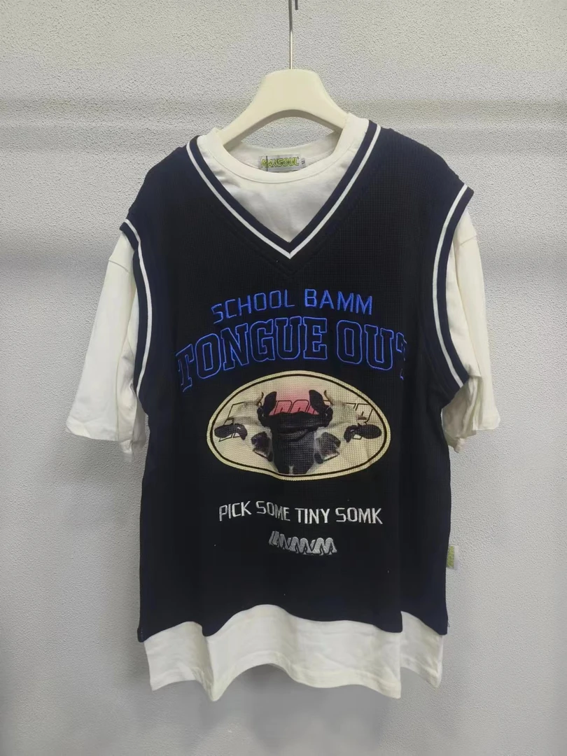 (瑕疵清货 介意勿拍) 假两件短袖圆领夏季发泡印花百搭黑色2261