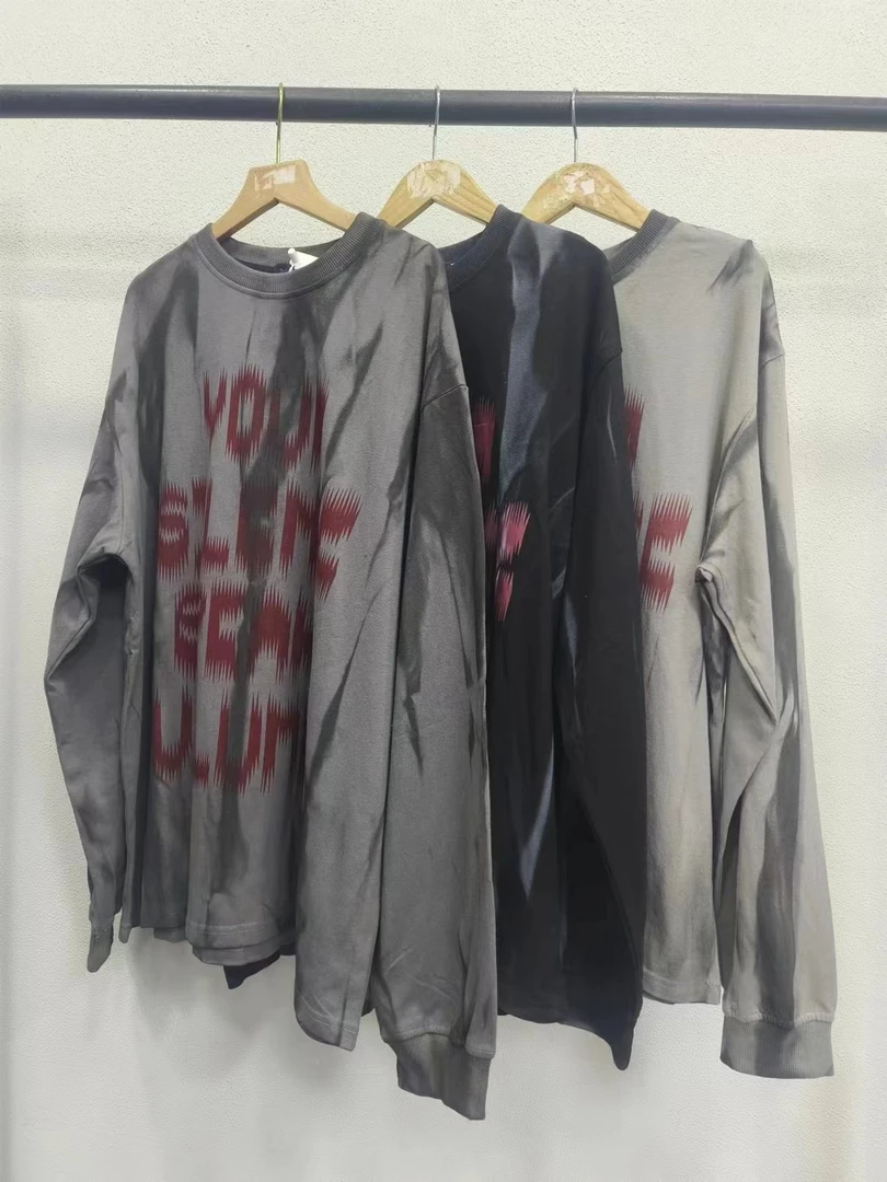 美式潮牌创意设计感圆领重磅T恤长袖春秋款宽松喷染嘻哈卫衣TD012