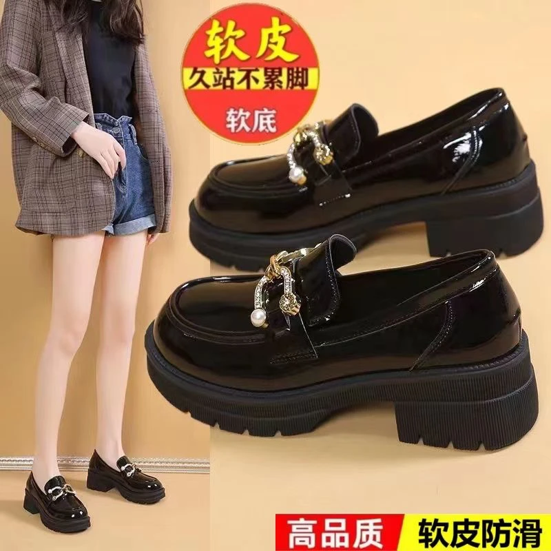 新款圆头亮皮英伦风厚底增高小皮鞋一脚蹬学院鞋百搭时尚上班族