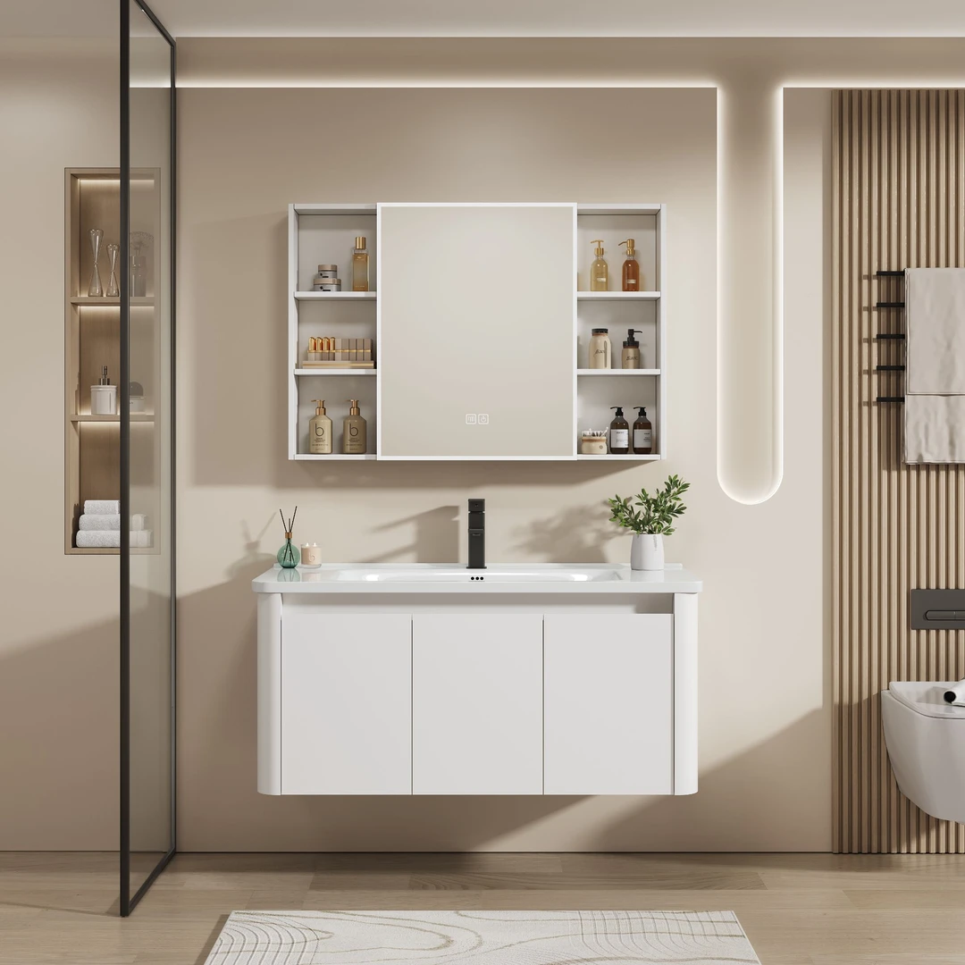 松驰感奶油白圆弧太空铝蜂窝浴室柜卫生间陶瓷一体盆卫浴洗手盆