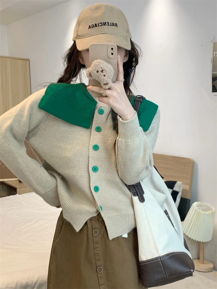 撞色海军领针织开衫女小众设计感春季韩系减龄学院风洋气别致上衣