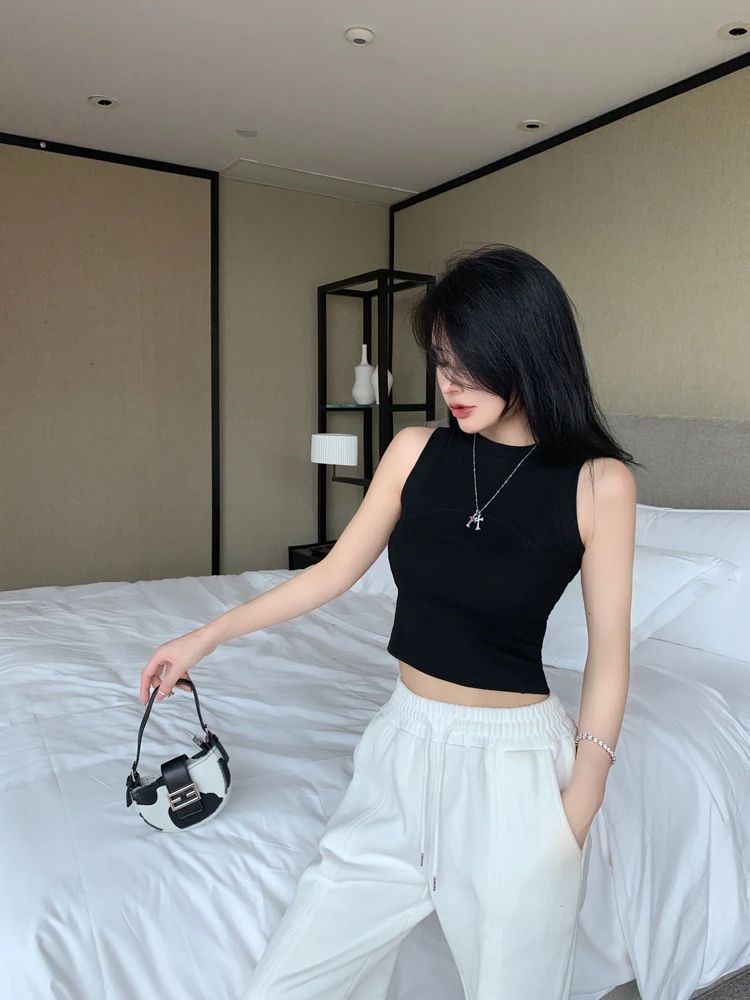 辣妹网红无袖背心女夏季显瘦性感短款T恤修身打底露脐白色上衣