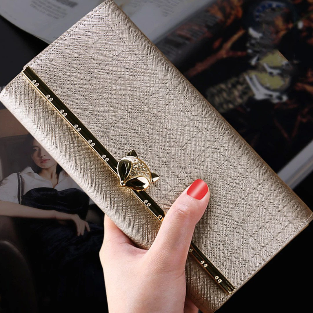 金狐狸二层牛皮轻奢卡位长款钱包手拿包零钱包钱夹卡包女士爆