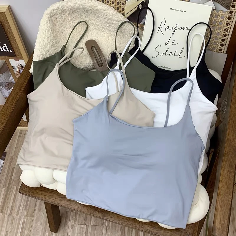 纯色冰丝吊带背心带胸垫外穿少女美背抹胸聚拢一体无钢圈经典百搭