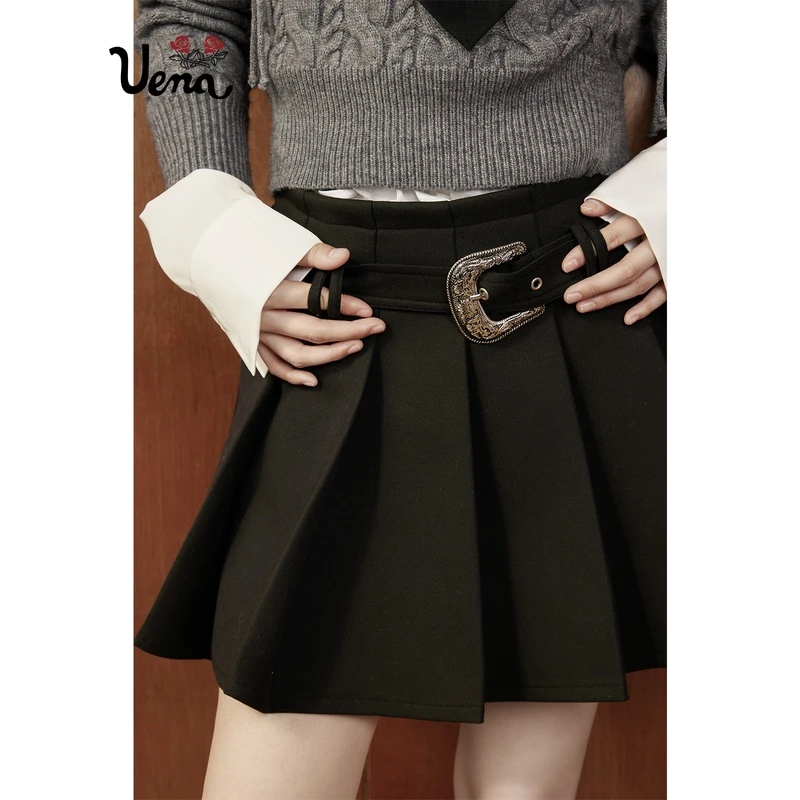 【海德学院】Uena美式复古黑色厚毛呢百褶裙女秋冬高腰半裙带腰带