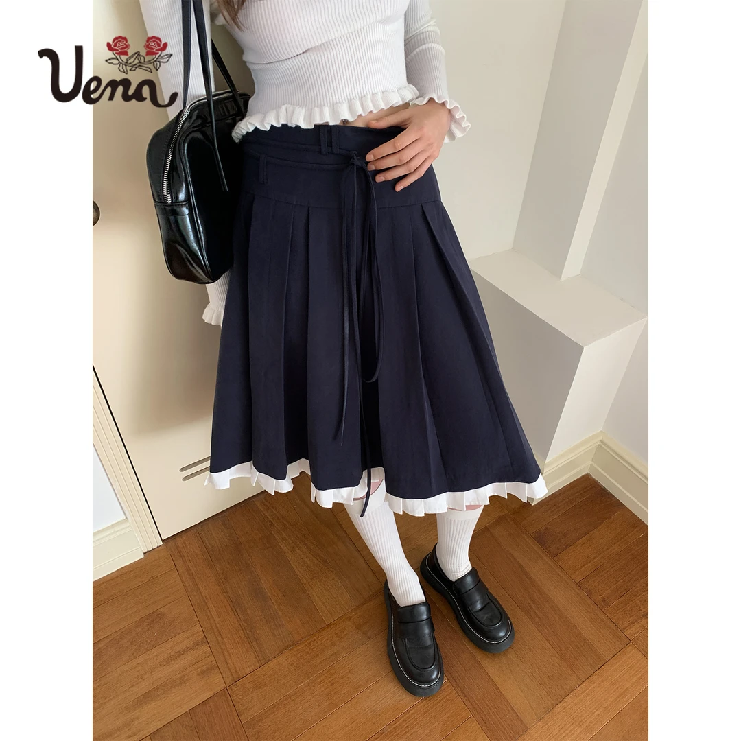 【美娇专属】Uena美式复古藏青色腰部抽绳A字中长款百褶半身裙