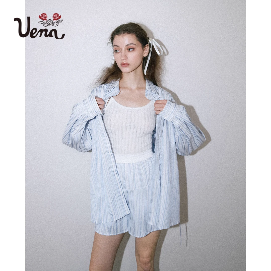 【冰蓝荔夏】Uena后背绑带可收腰蓝色条纹衬衫时尚套装