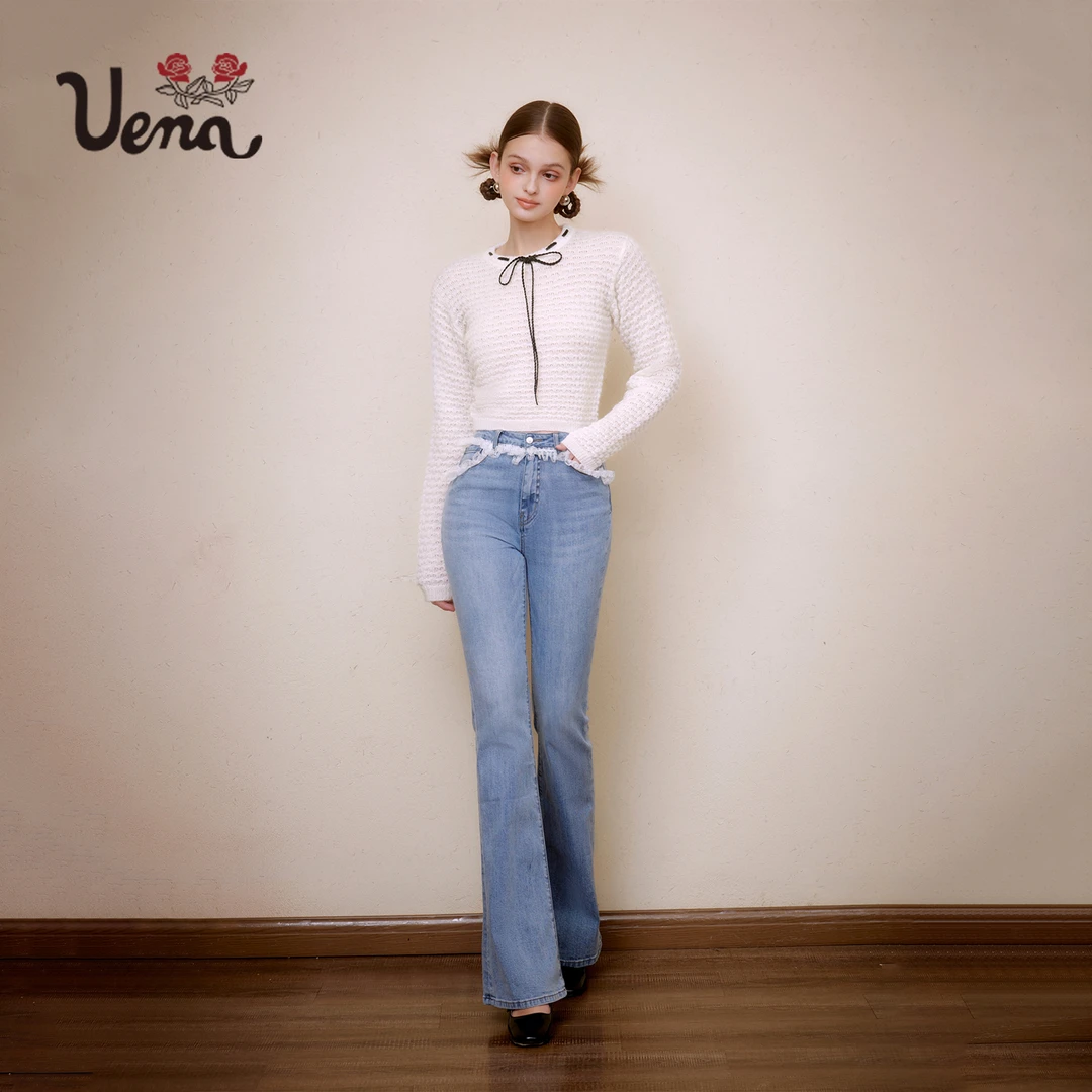 【白茶清欢】Uena米白色领边抽绳蝴蝶结毛针织衫圆领马海毛上衣女